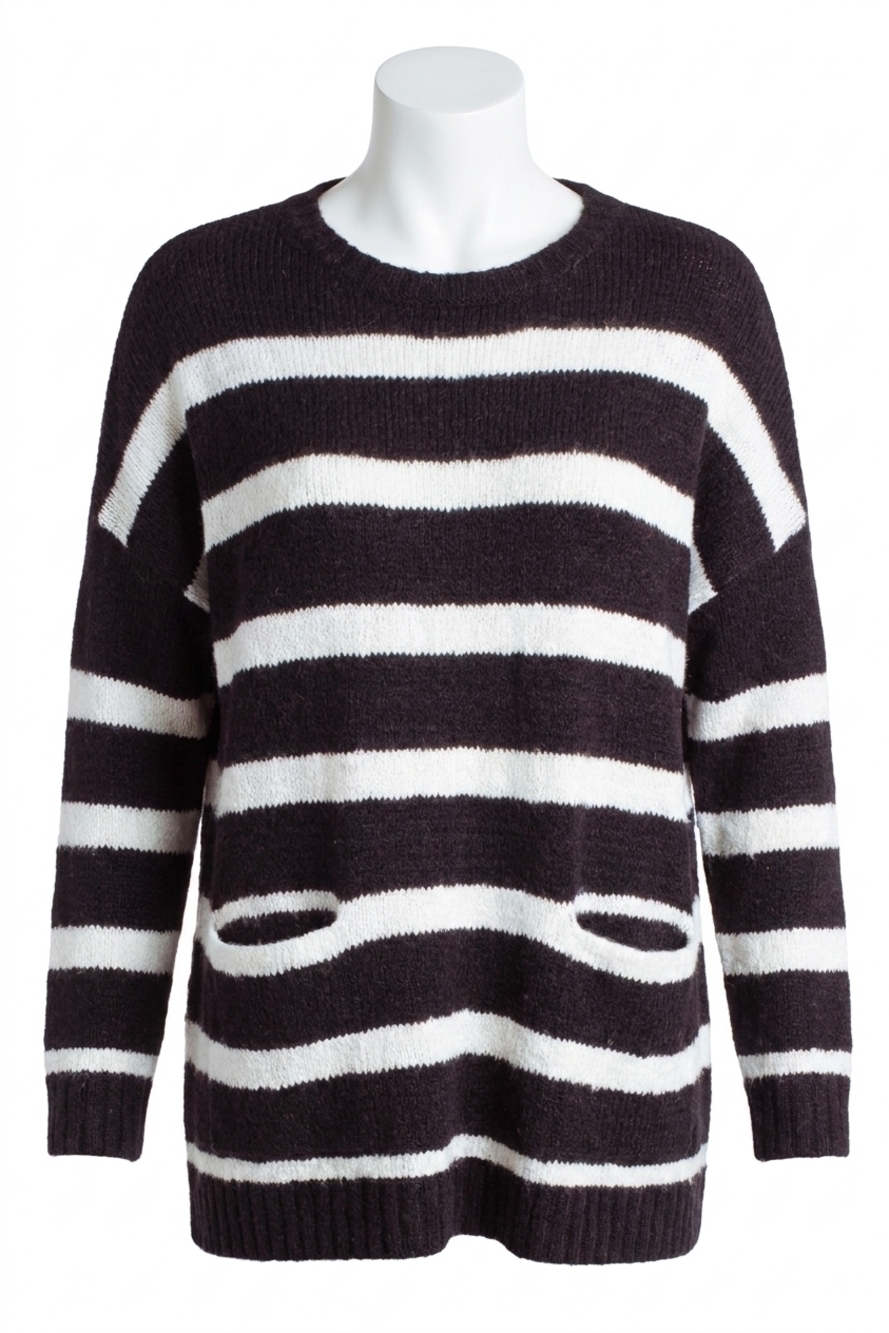 NEW KENSIE striped variegated cotton blend long sleeve sweater with pockets in b